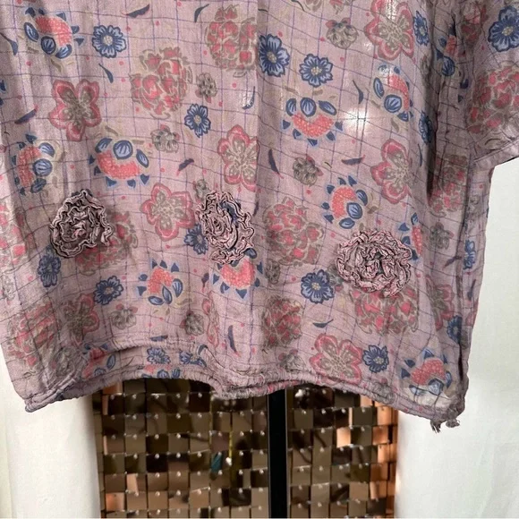 Vintage Purple, Maroon & Navy Checked Plaid & Floral Short Sleeve Sheer Blouse - Picture 4 of 9